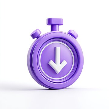 3D purple stopwatch icon with a white downward arrow on white background