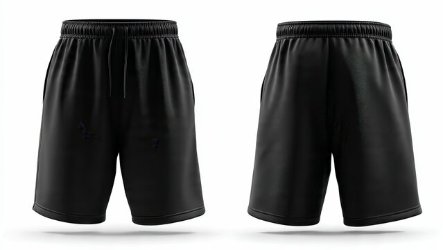 Two black athletic shorts displayed front and back isolated on a white background with subtle shadows showcasing elastic waistbands and drawstrings