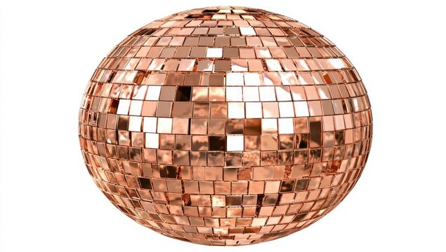 A rose gold disco ball reflects light from its numerous square mirror facets