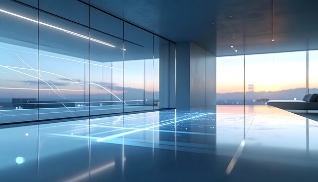 AI drawing of a minimalist office with glowing data lines, modern architecture, and a city view, symbolizing future connectivity and smart technology advancements