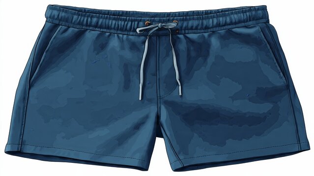 Blue drawstring swim shorts with pockets on a white background depicted in a clean flat illustration style shorts mockup