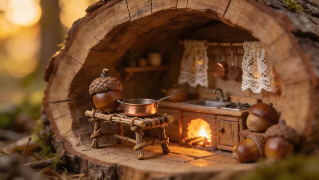 A tiny, rustic kitchen built inside a wooden hollow, featuring furniture made of acorns and twigs. Miniature copper pans, a small glowing hearth, and tiny lace curtains.