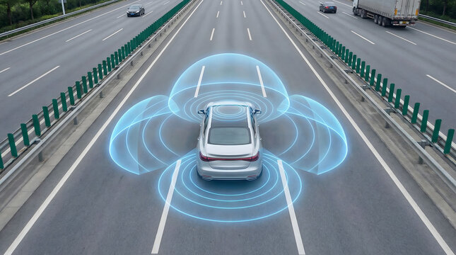 Autonomous car with 360 degree sensor coverage on highway top view