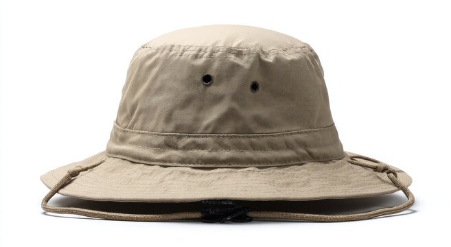 Khaki-colored bucket hat with a wide brim, chin strap, and eyelets on a white background