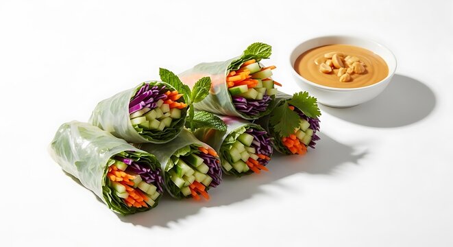 Fresh spring rolls with colorful vegetables and peanut dipping sauce on white background