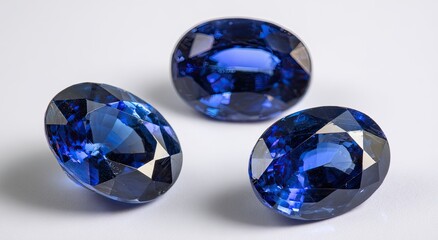Fototapeta premium Three oval-cut, deep blue gemstones sparkle intensely on a white background