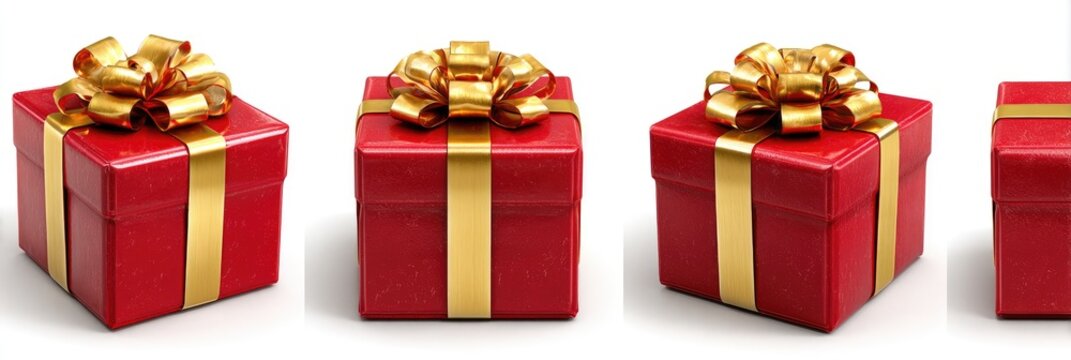 Four vibrant red gift boxes with gold ribbons and bows on a white background