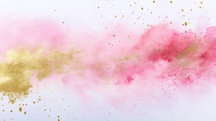 Obraz premium Soft pink watercolor cloud with gold powder splashes across a pale background, ethereal horizontal composition