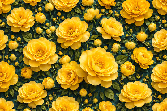 Seamless vibrant pattern of fresh bright yellow roses and green leaves representing nature blossom for vishu happy new year rituals and many traditional hindu festivals