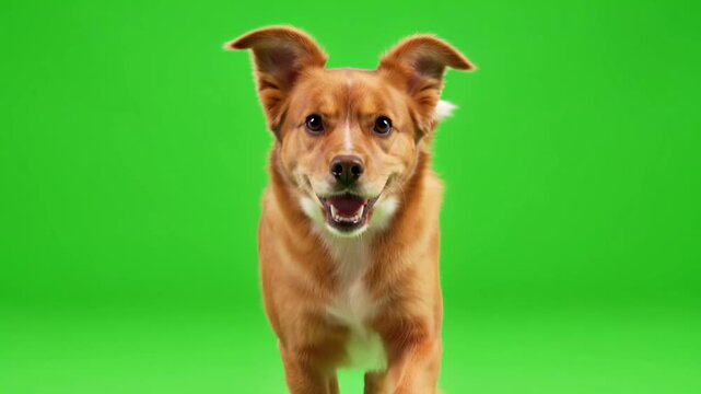 Happy Brown Dog Walking Green Screen Running Towards Camera