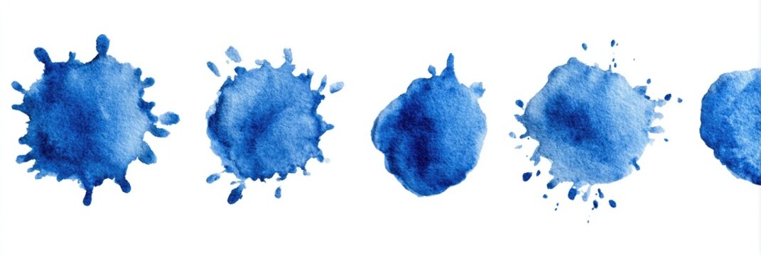 Watercolor abstract of blue splatters in a row on a white background