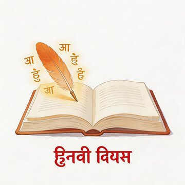 Illustrative image for Hindi Diwas: Open book with feather pen, Hindi script 'Main Hun Ja' (I am Ja) around, celebrating Hindi language day and literacy.