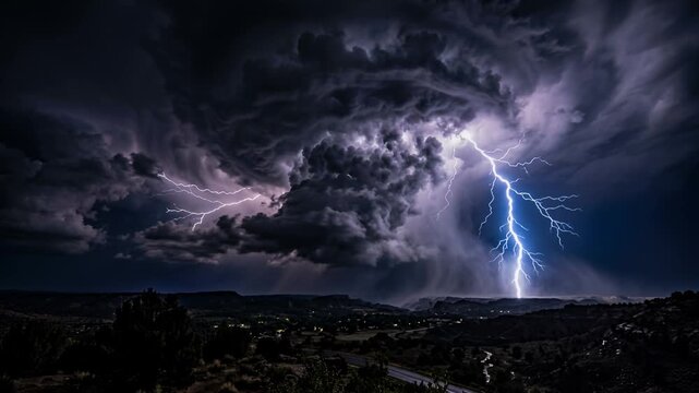 lightning storm over rugged landscape at night
