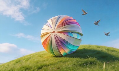 Naklejka premium A surreal, colorful spherical structure with rainbow hues sits on a green grassy hill, under a bright blue sky with birds in flight. Abstract, artistic representation of form and nature.