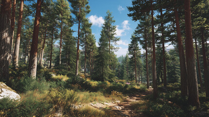 Obraz premium Sunlit forest with tall trees and path leading through the green lush of vegetation under blue sky