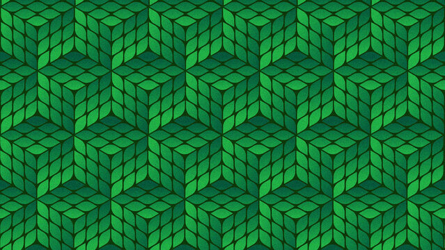 Seamless green leaves in hexagon shape with a geometric mosaic pattern and light 3d square element design for a stylish wallpaper backdrop