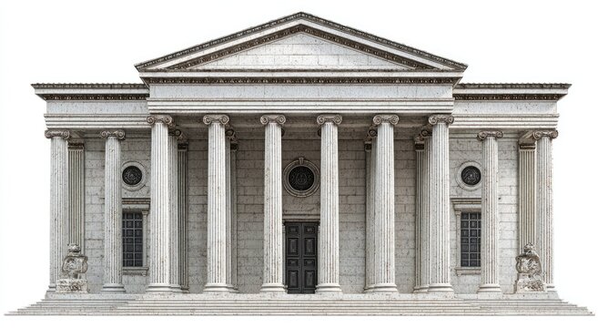 Imposing neoclassical facade with tall columns, pediment, and symmetrical design
