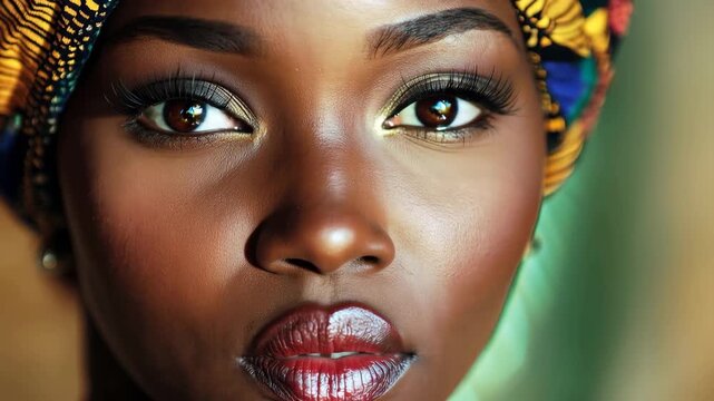 Closeup portrait of a beautiful African woman with vibrant headwrap, showcasing her striking features and captivating eyes during a serene moment of self-expression