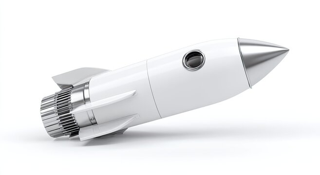 Sleek, white rocket with silver accents, angled upwards on a white background