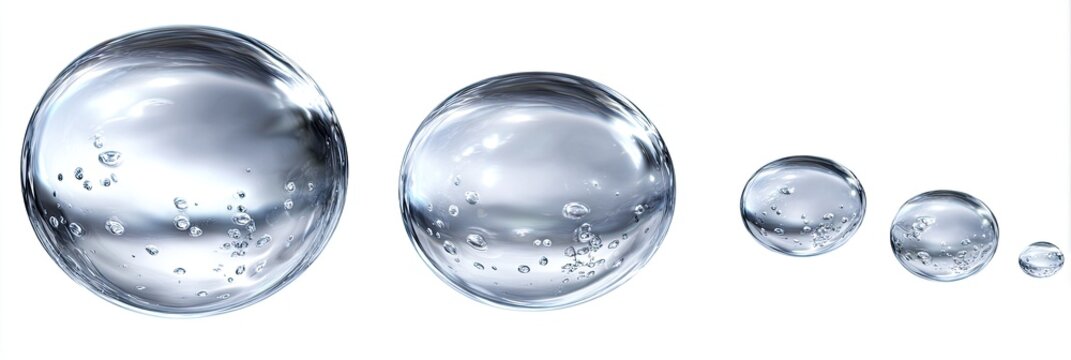 Five clear, spherical droplets diminishing in size, with internal bubbles, against a white background