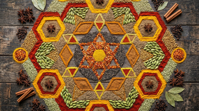Symmetrical arrangement of spices and herbs in a geometric pattern.