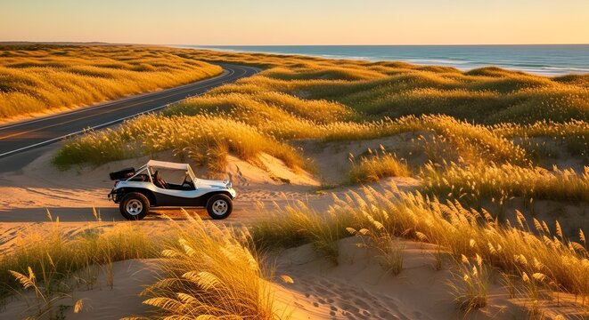 Dune buggy parked on sandy beach dunes covered in tall sea grass near a coastal highway at sunset