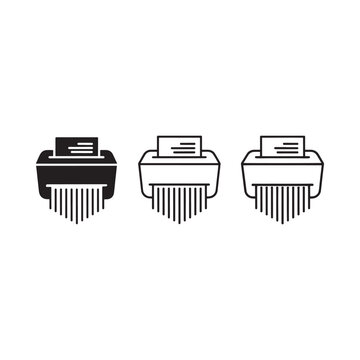 Three depictions of a paper shredder in varying styles and outlines