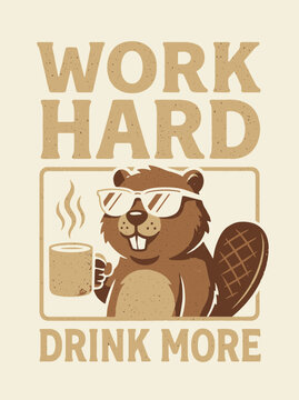 Beaver wearing sunglasses holding coffee.