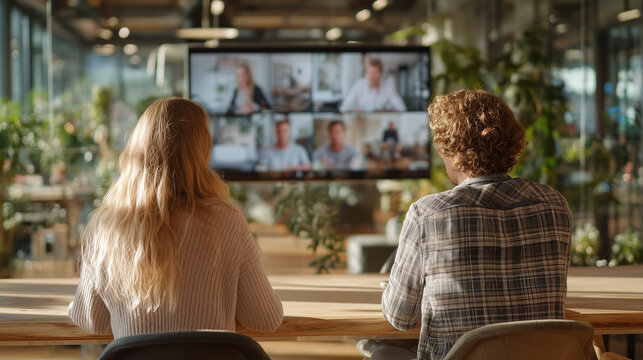 Over the shoulder view of young diverse business team attending remote video conference call in bright modern eco-friendly office. Hybrid workplace and telecommuting concept.