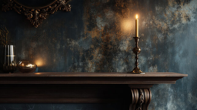 Patinated candlestick, mantel shelf, vintage decor, moody lighting, ornate detail, candlelight