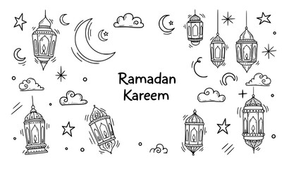 Ramadan Kareem doodle moon and lanterns vector hand drawn Islamic festive elements isolated on white background © MD
