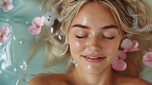 Young blonde woman enjoying a serene beauty relaxation experience in a tranquil bath surrounded by delicate flowers in water during a peaceful afternoon