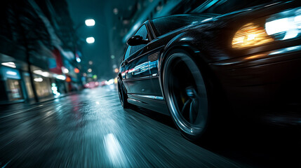 Naklejka premium A fast black car speeding down a wet city street at night with blurry motion effect 