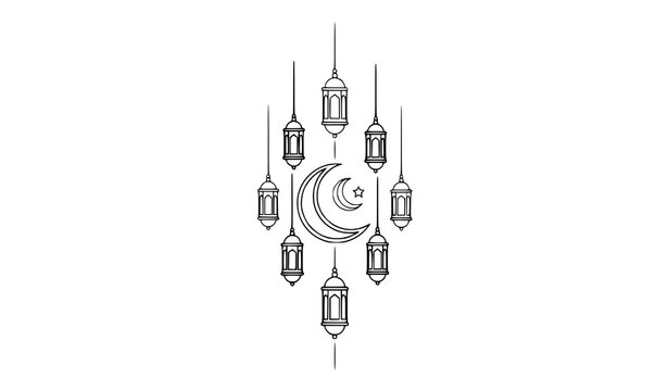 Geometric Ramadan Kareem moon and lanterns vector Islamic line art festive composition isolated on white background
