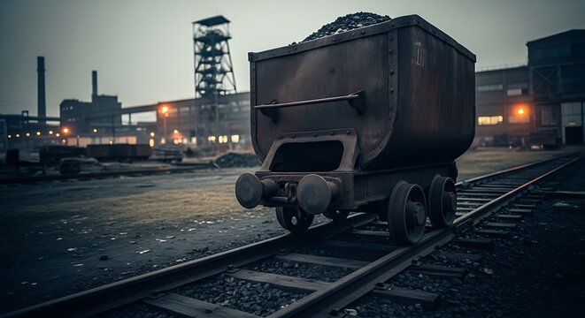 Aged coal-filled mining cart on tracks, industrial complex in background at dusk