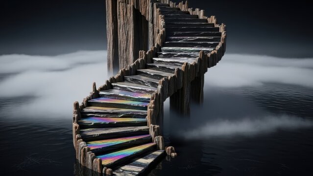 A spiral staircase made of petrified wood and obsidian, rising from a still, black tar pit and ascending into low, swirling clouds. No handrail. The steps are slick with an iridescent sheen.