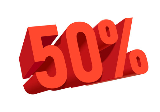 Red 3D 50% text on transparent background for promotion design, 50% text PNG