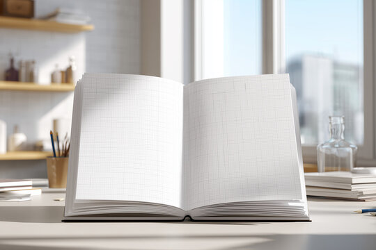 Lab Notebook Mockup with Blank Grid Page and Large Margin Copy Space