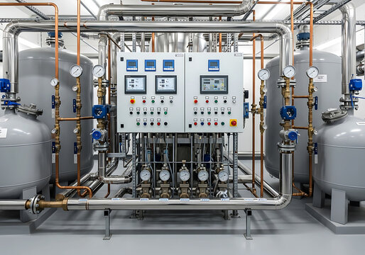 Industrial water treatment system with control panels and pressure gauges in a modern facility