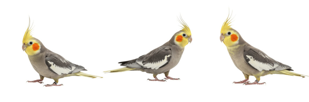 Cockatiel Nymphicus hollandicus walking stance on white floor, calopsitte &eacute;l&eacute;gante, Nymphensittich, pet bird movement, Australian parrot walking, bird behavior photography.