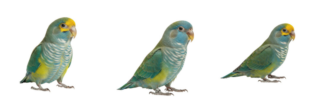Parrotlet Forpus coelestis standing alert with tiny stance, toui c&eacute;leste, Sperlingspapagei, Pacific parrotlet, tiny green parrot, small pet bird, alert bird photography.
