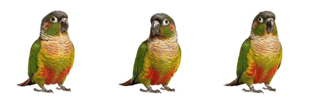 Green-cheek Conure Pyrrhura molinae compact body shape, conure, Sittich, small green parrot standing, South American parakeet, pet conure photography, avian silhouette.