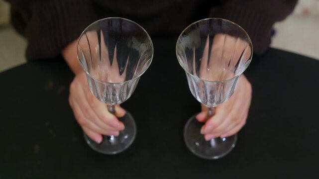 A person in a brown sweater sits at a black table, holding two empty, fluted glass goblets. Hands hitting, striking, clinking glasses. The high angle shot focuses on the hands and glasses.
