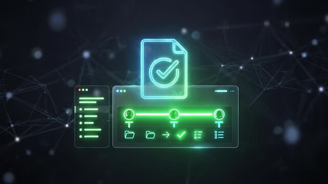 Glowing digital document file check mark user interface icon workflow data transfer approval network concept background screen display