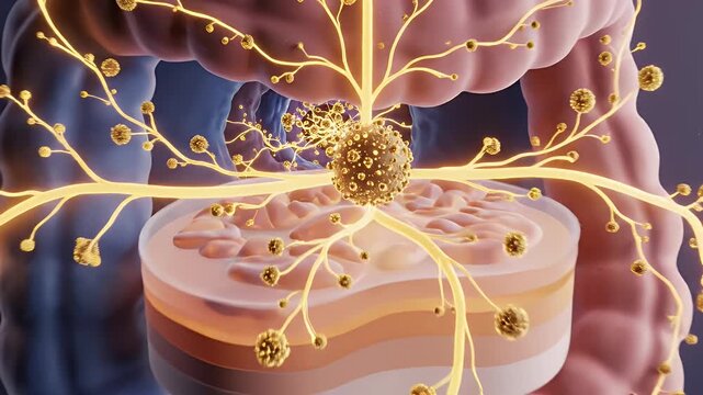 Abstract CGI animation of a glowing network of probiotics in the digestive system with textured tissue and blue intestinal walls