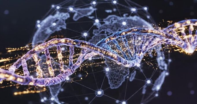 Abstract representation of DNA strands intertwined with a digital network, symbolizing genetic research