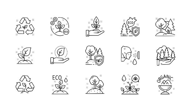 A collection of eco-friendly icons and illustrations in a minimalist line art style