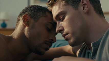 Diverse gay couple sharing a quiet moment of intimacy and connection for a healthy relationship concept