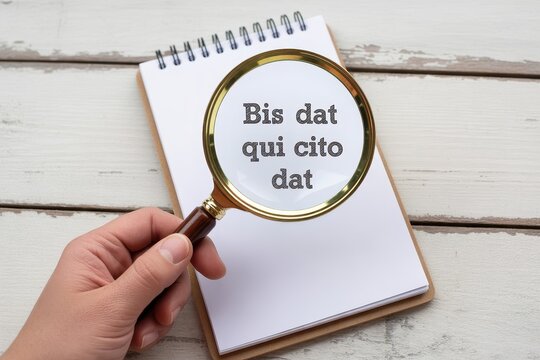 Magnifying glass over the Latin proverb Bis dat qui cito dat on a notebook isolated on white background
