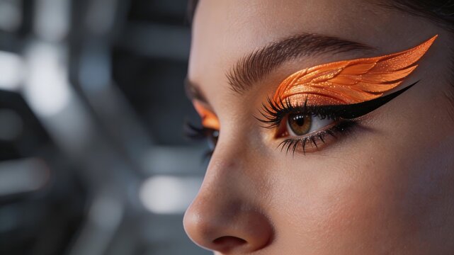Closeup of woman with artistic orange winged eyelashes makeup, dramatic eye design, elegant beauty look, modern fashion style, creative cosmetics application.